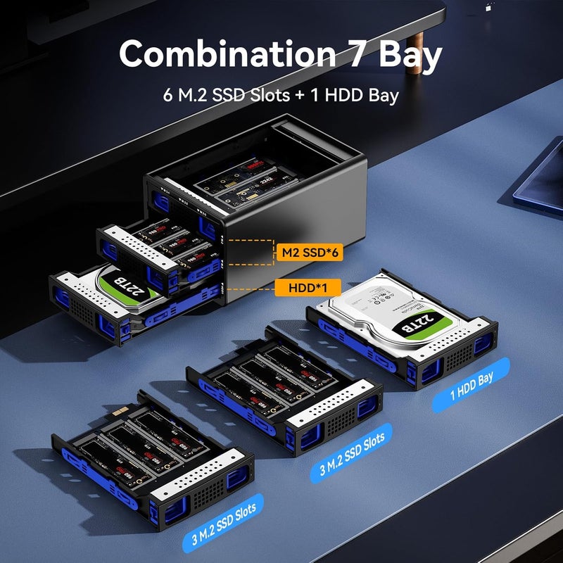 cenmate Hybrid 2.5/3.5" SATA HDD/SSD+6* M / B+M Key M.2 NVMe Enclosure with Cooling Fan and USB A/C 3.2 Gen 2, Hard Drive Enclosure Support 70TB(22TB HDD+6*8TB 2230/2242/2260/2280/22110 SSDs) - Image 2
